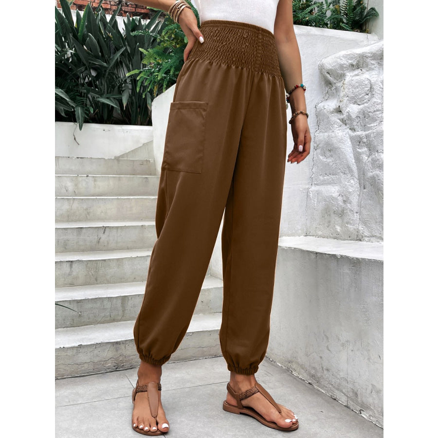 Smocked High Rise Joggers with Pockets Brown / S Apparel and Accessories