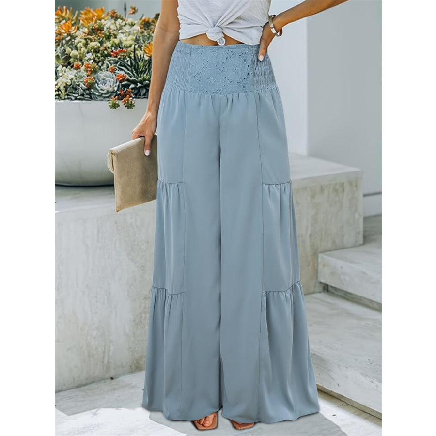 Smocked High Waist Pants Light Blue / S Apparel and Accessories