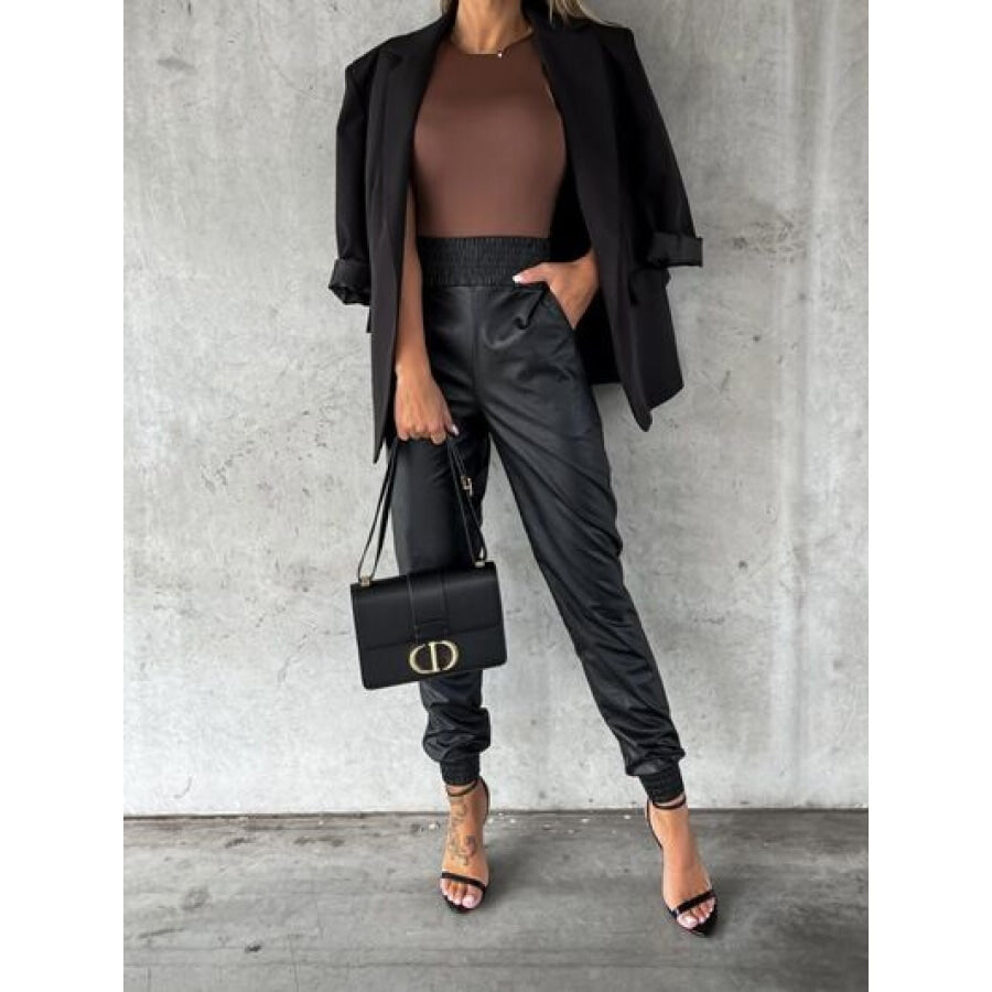 Smocked High Waist Pants with Pockets Black / S Clothing