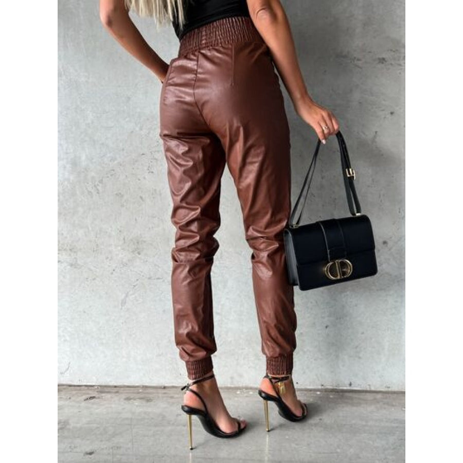 Smocked High Waist Pants with Pockets Chestnut / S Clothing