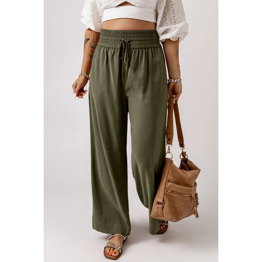 Smocked High Waist Wide Leg Pants Army Green / S Apparel and Accessories