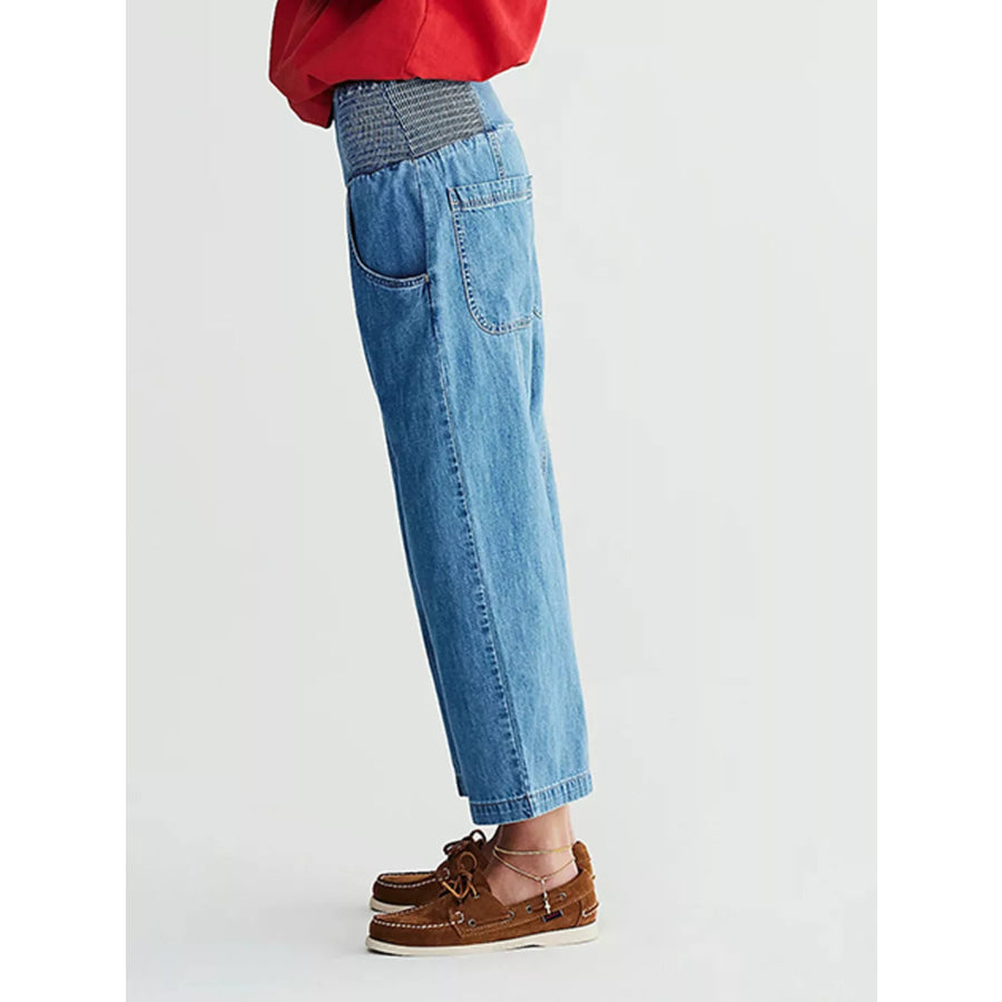 Smocked High-Waisted Wide Leg Jeans Apparel and Accessories