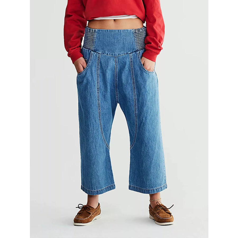 Smocked High-Waisted Wide Leg Jeans Dark Blue / S Apparel and Accessories