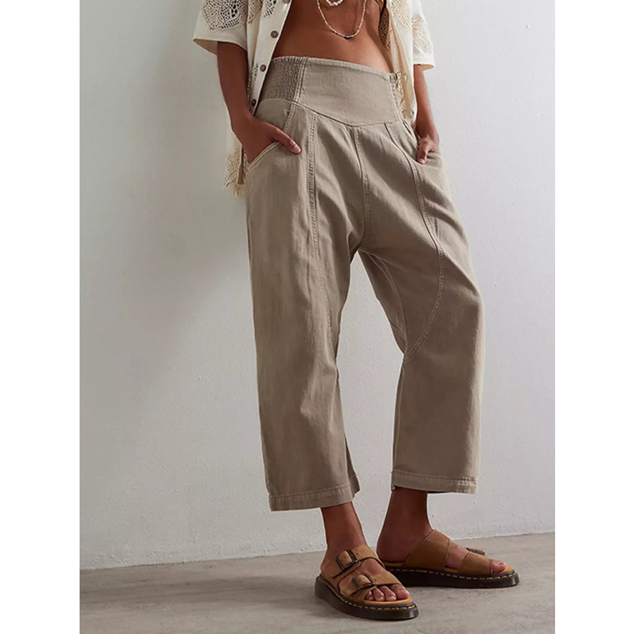 Smocked High-Waisted Wide Leg Jeans Khaki / S Apparel and Accessories