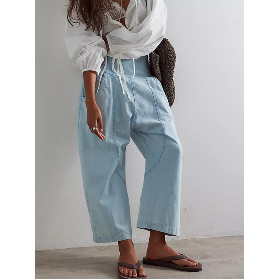 Smocked High-Waisted Wide Leg Jeans Light Blue / S Apparel and Accessories