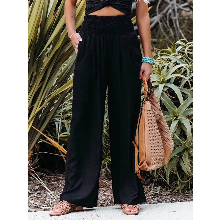 Smocked High Waisted Wide Leg Pants Apparel and Accessories