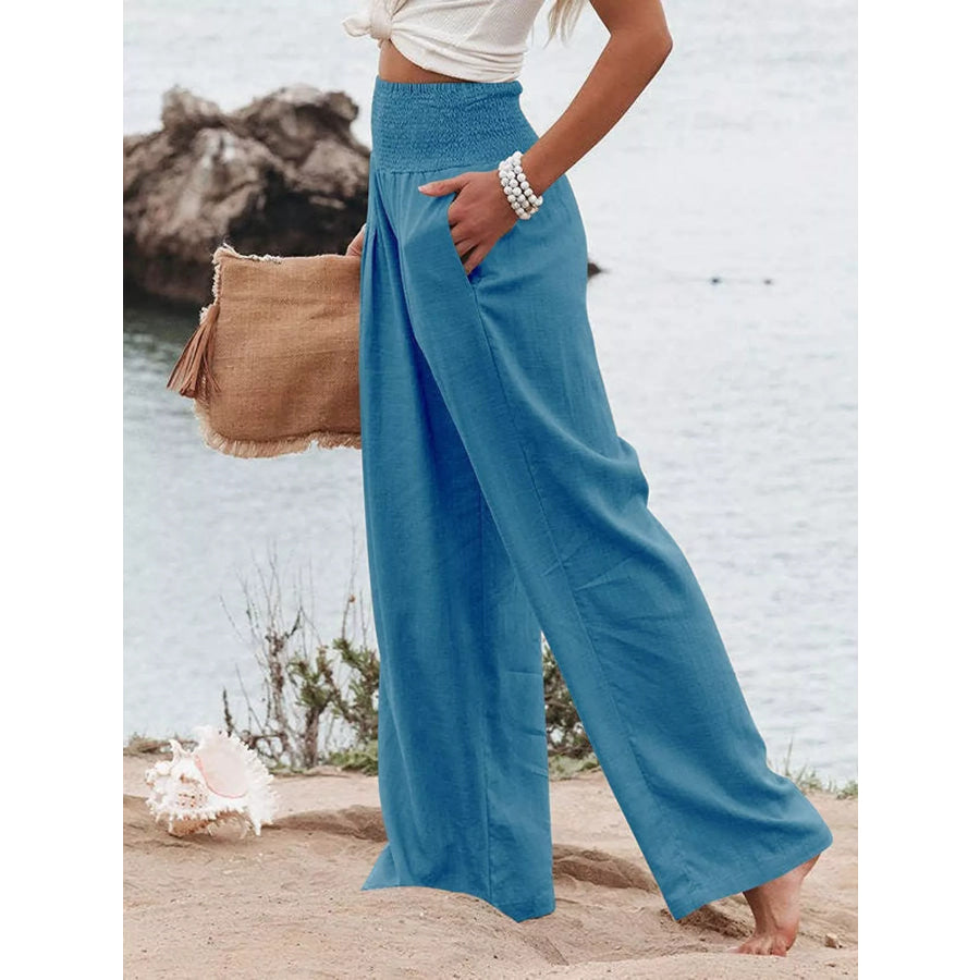 Smocked High Waisted Wide Leg Pants Apparel and Accessories