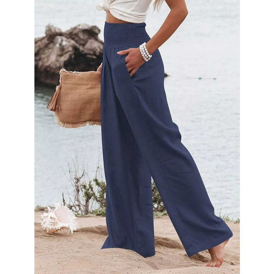 Smocked High Waisted Wide Leg Pants Apparel and Accessories