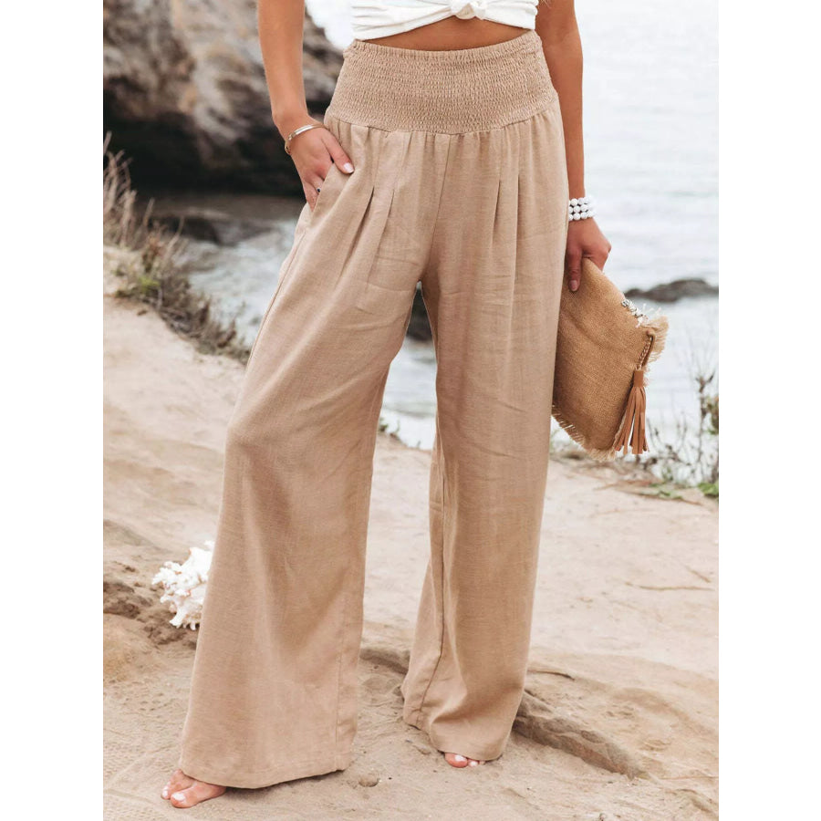 Smocked High Waisted Wide Leg Pants Apparel and Accessories