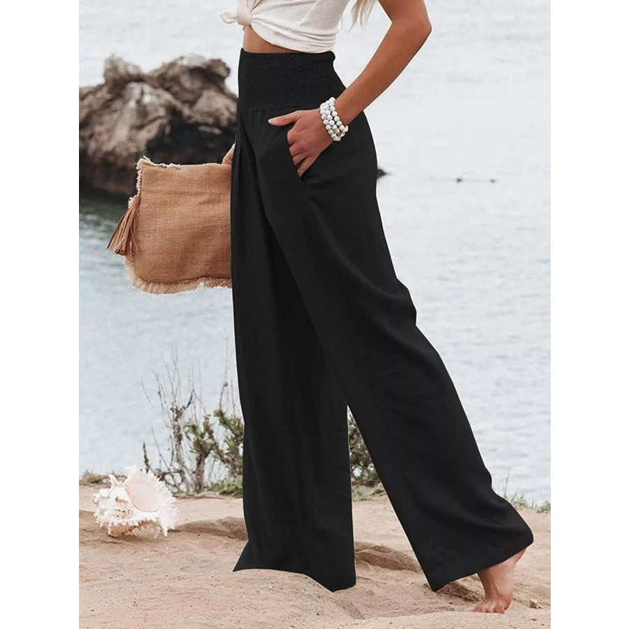 Smocked High Waisted Wide Leg Pants Apparel and Accessories