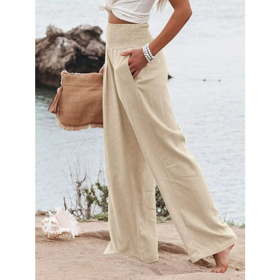Smocked High Waisted Wide Leg Pants Apparel and Accessories
