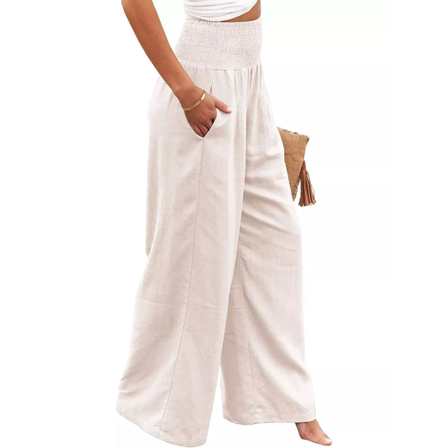 Smocked High Waisted Wide Leg Pants Apparel and Accessories