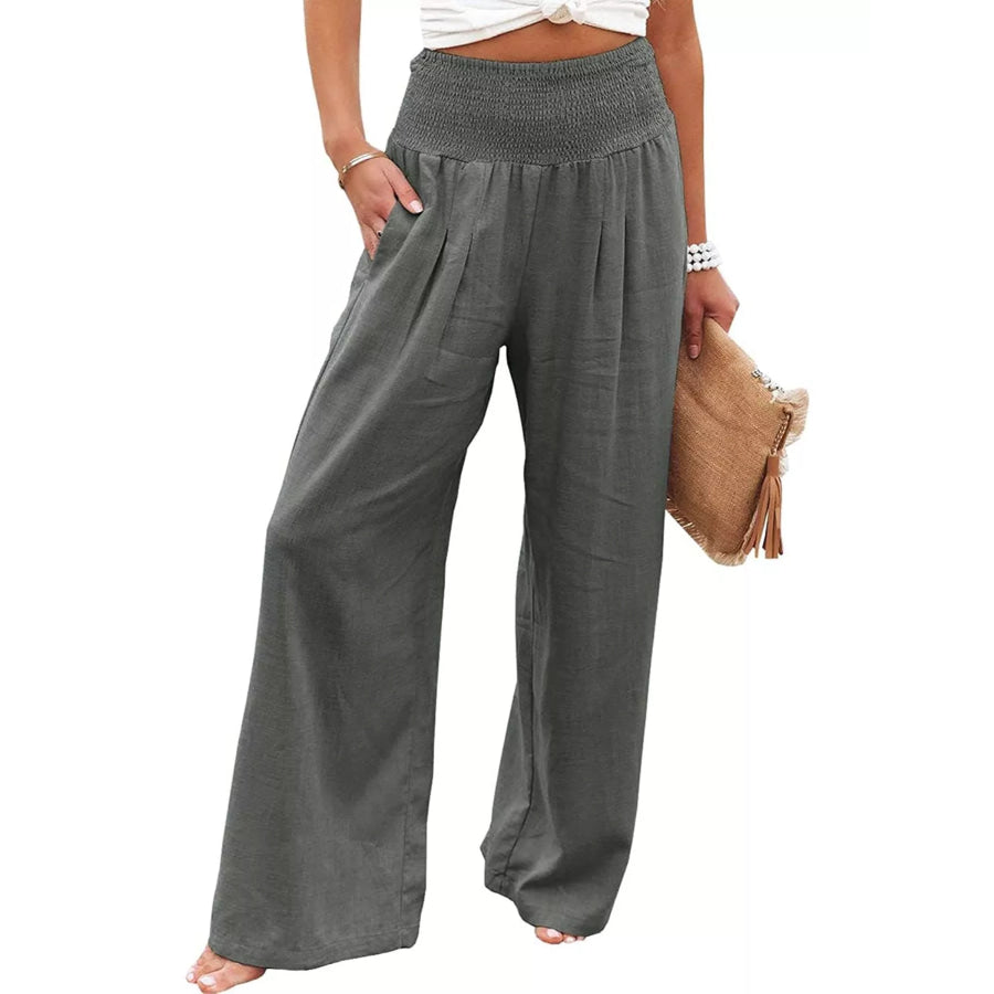 Smocked High Waisted Wide Leg Pants Apparel and Accessories