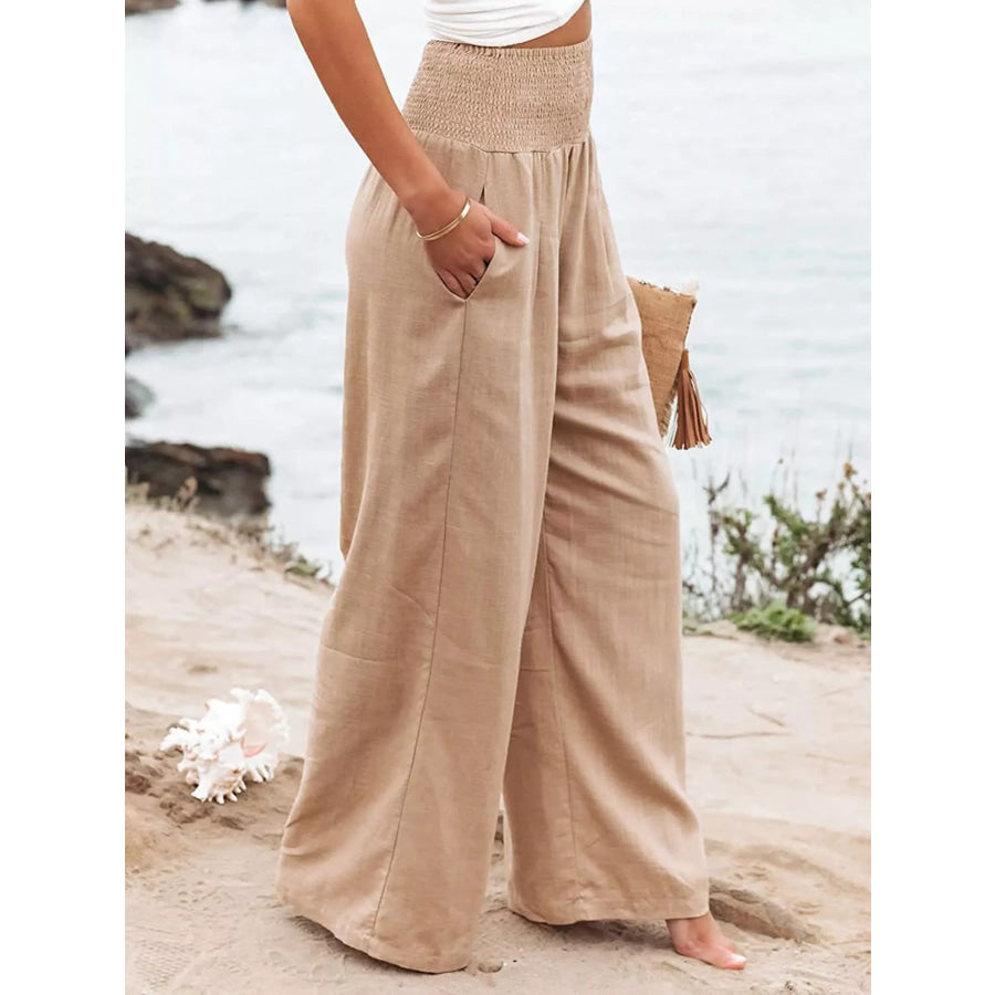 Smocked High Waisted Wide Leg Pants Apparel and Accessories