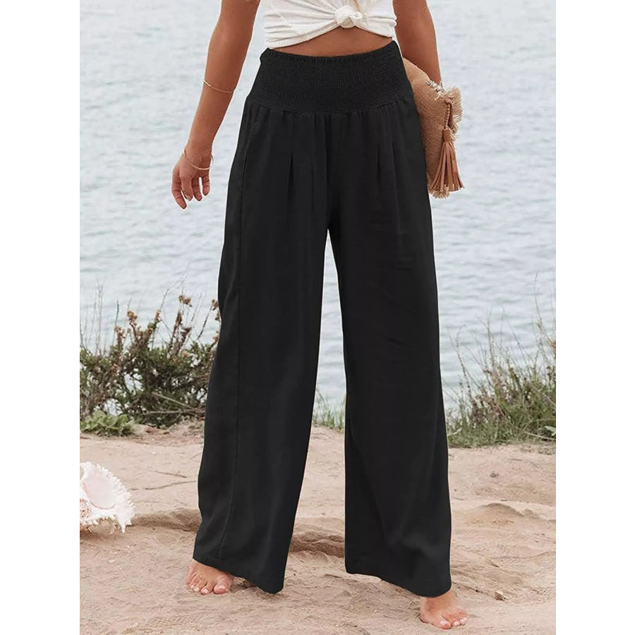 Smocked High Waisted Wide Leg Pants Black / S Apparel and Accessories