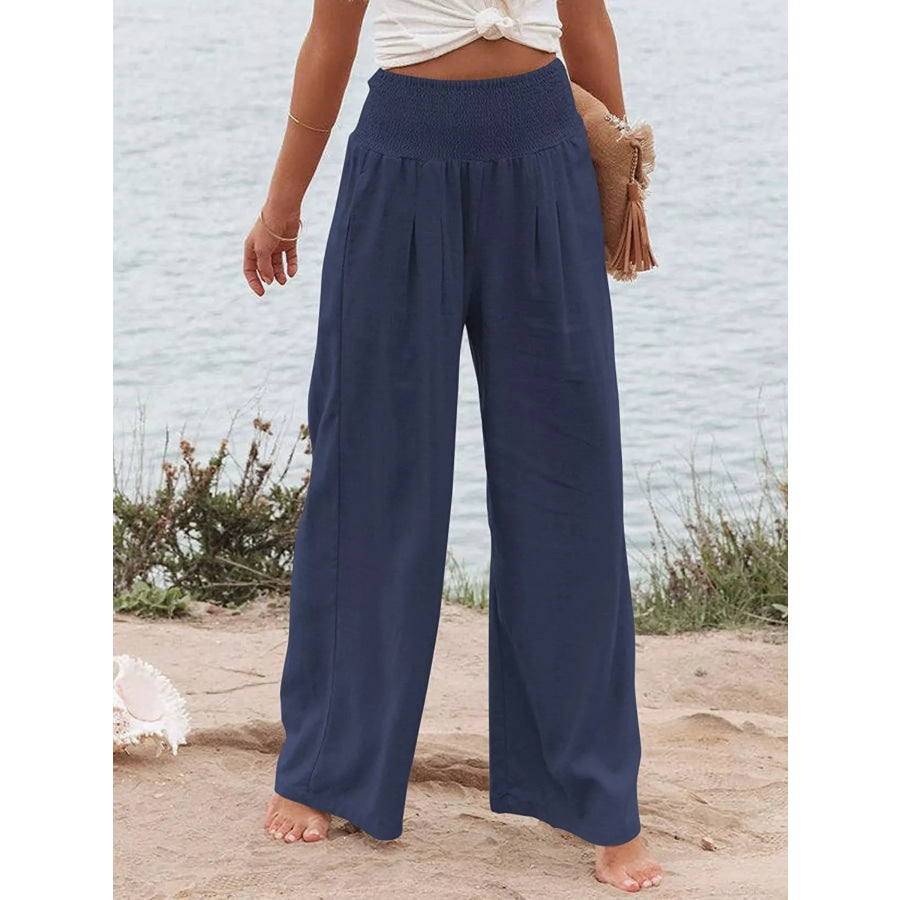 Smocked High Waisted Wide Leg Pants Dark Blue / S Apparel and Accessories