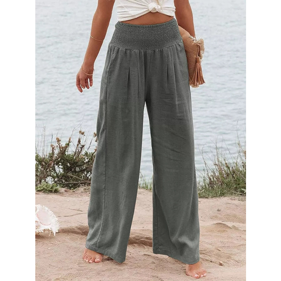 Smocked High Waisted Wide Leg Pants Dark Gray / S Apparel and Accessories