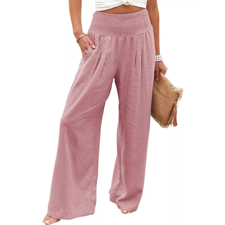 Smocked High Waisted Wide Leg Pants Dusty Pink / S Apparel and Accessories