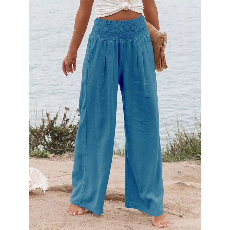 Smocked High Waisted Wide Leg Pants Sky Blue / S Apparel and Accessories