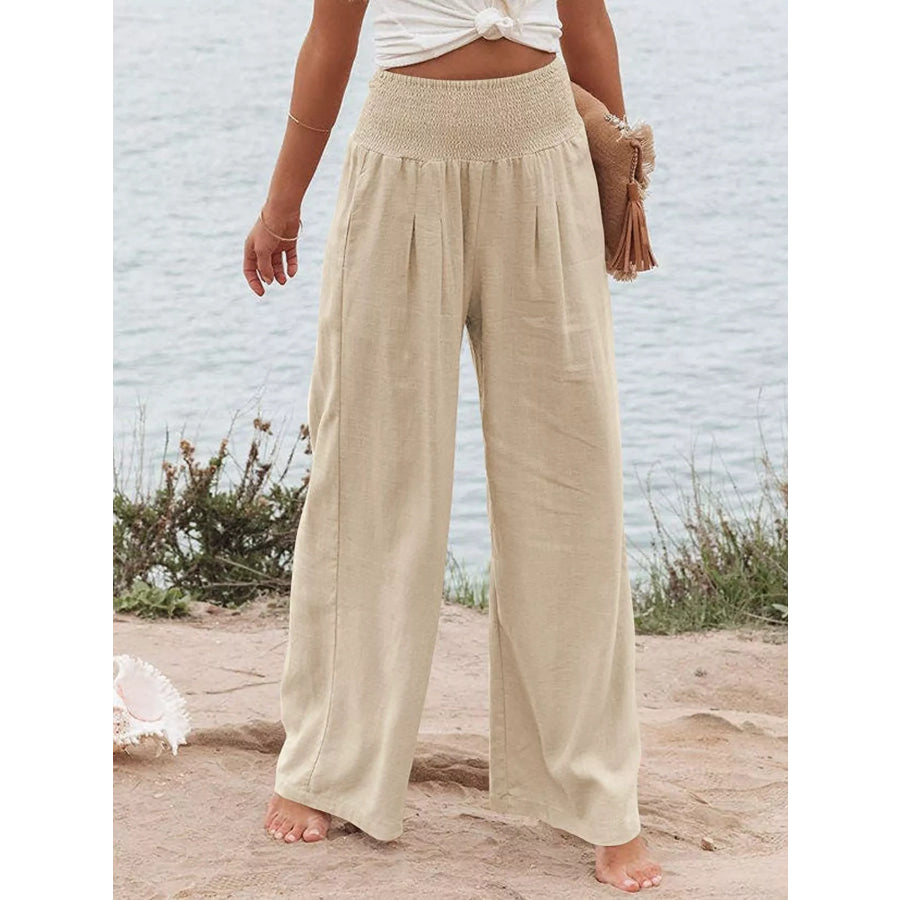 Smocked High Waisted Wide Leg Pants Tan / S Apparel and Accessories