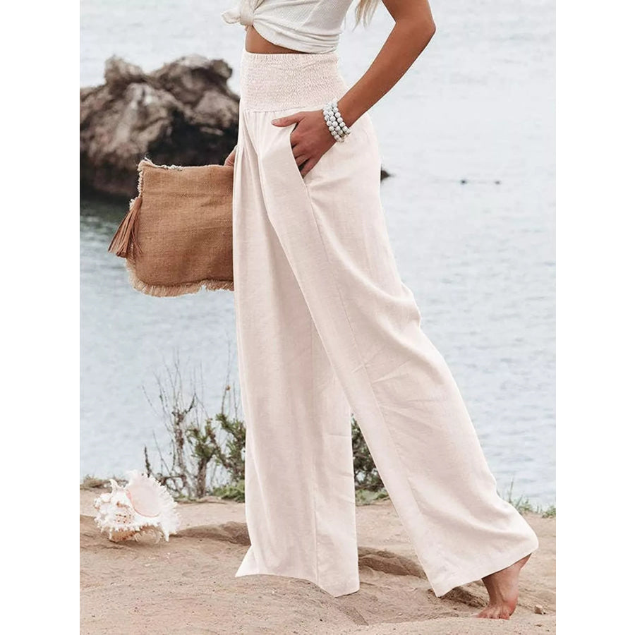 Smocked High Waisted Wide Leg Pants White / S Apparel and Accessories