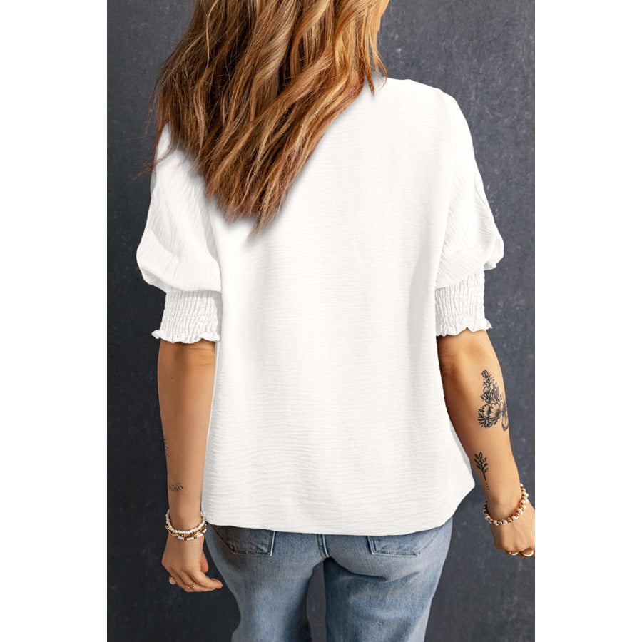 Smocked Johnny Collar Half Sleeve Blouse Apparel and Accessories