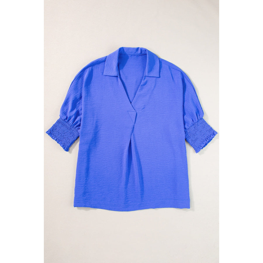 Smocked Johnny Collar Half Sleeve Blouse Apparel and Accessories