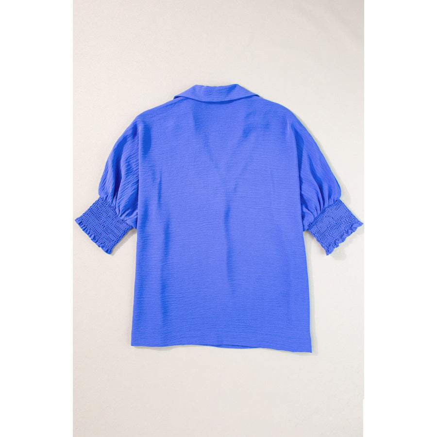 Smocked Johnny Collar Half Sleeve Blouse Apparel and Accessories