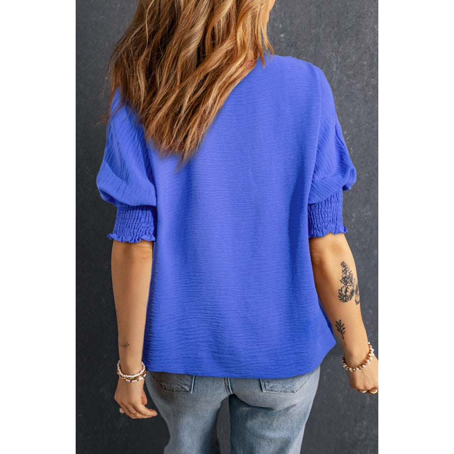 Smocked Johnny Collar Half Sleeve Blouse Apparel and Accessories