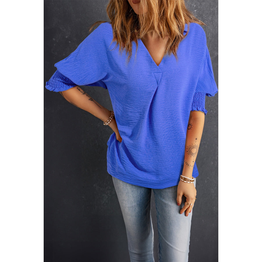 Smocked Johnny Collar Half Sleeve Blouse Blue / S Apparel and Accessories