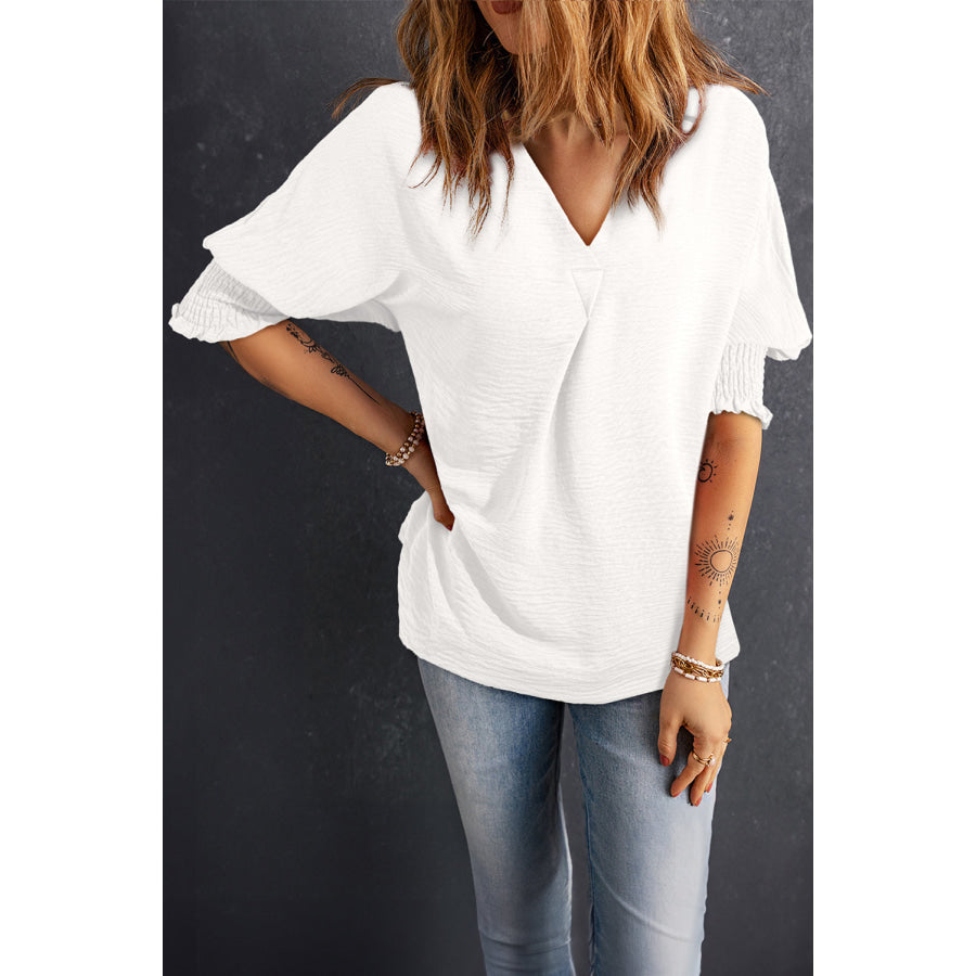 Smocked Johnny Collar Half Sleeve Blouse White / S Apparel and Accessories