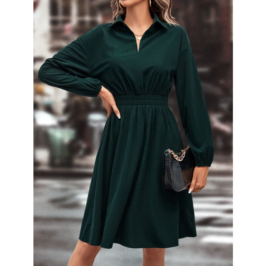 Smocked Johnny Collar Long Sleeve Dress Apparel and Accessories