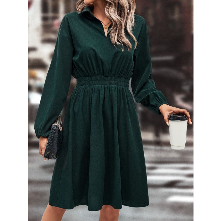 Smocked Johnny Collar Long Sleeve Dress Apparel and Accessories