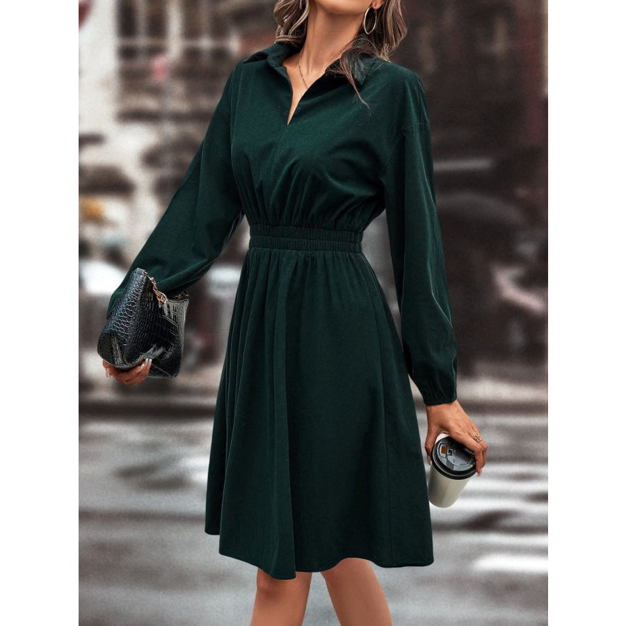 Smocked Johnny Collar Long Sleeve Dress Apparel and Accessories