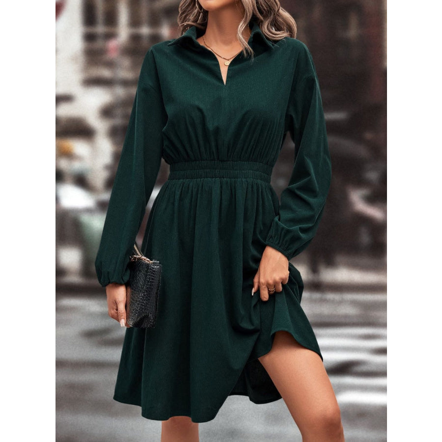 Smocked Johnny Collar Long Sleeve Dress Apparel and Accessories