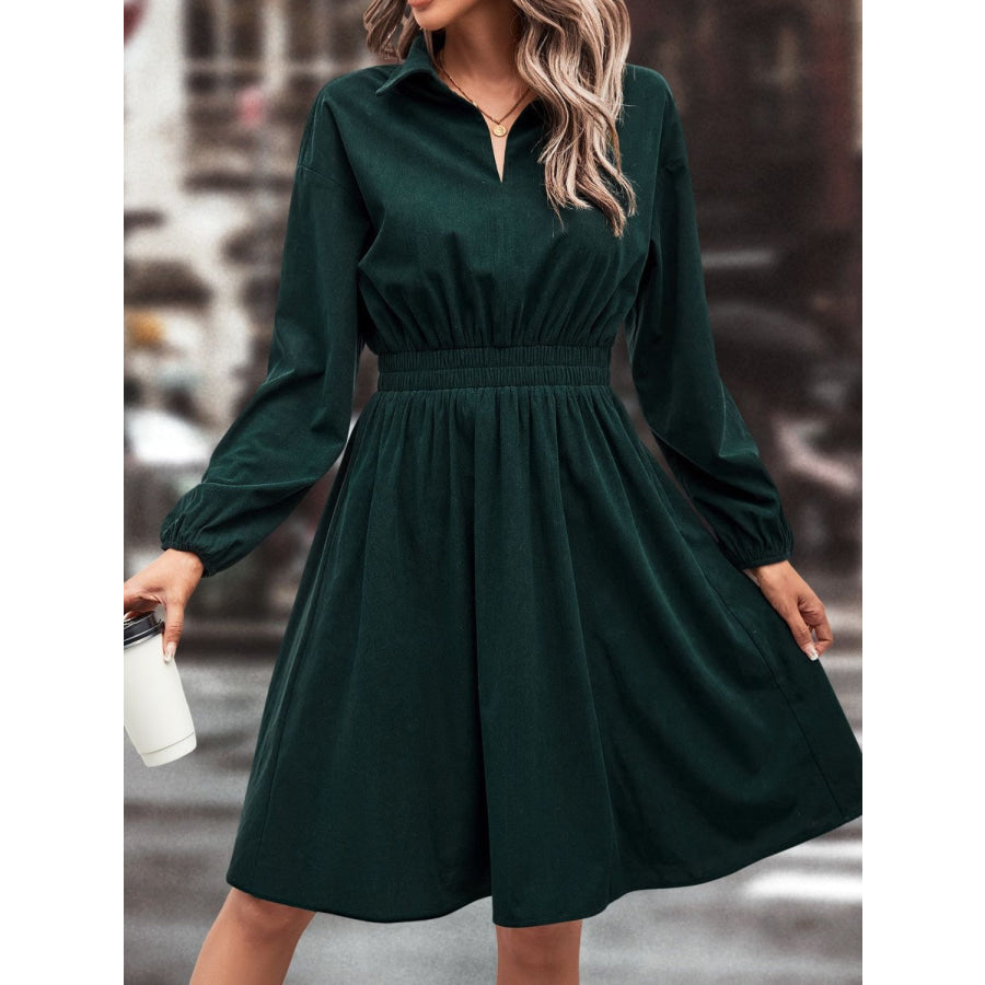 Smocked Johnny Collar Long Sleeve Dress Black Forest / S Apparel and Accessories