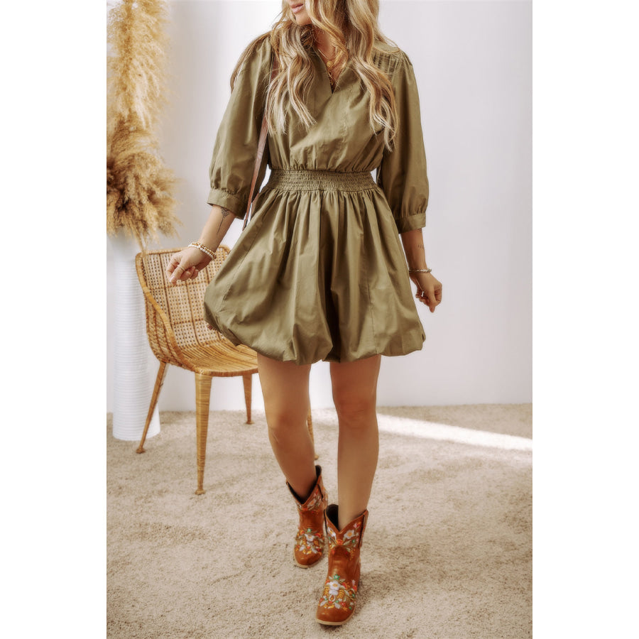 Smocked Johnny Collar Three-Quarter Sleeve Mini Dress Apparel and Accessories