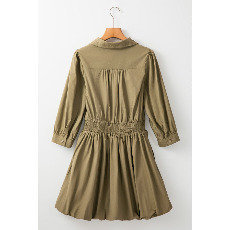 Smocked Johnny Collar Three-Quarter Sleeve Mini Dress Apparel and Accessories