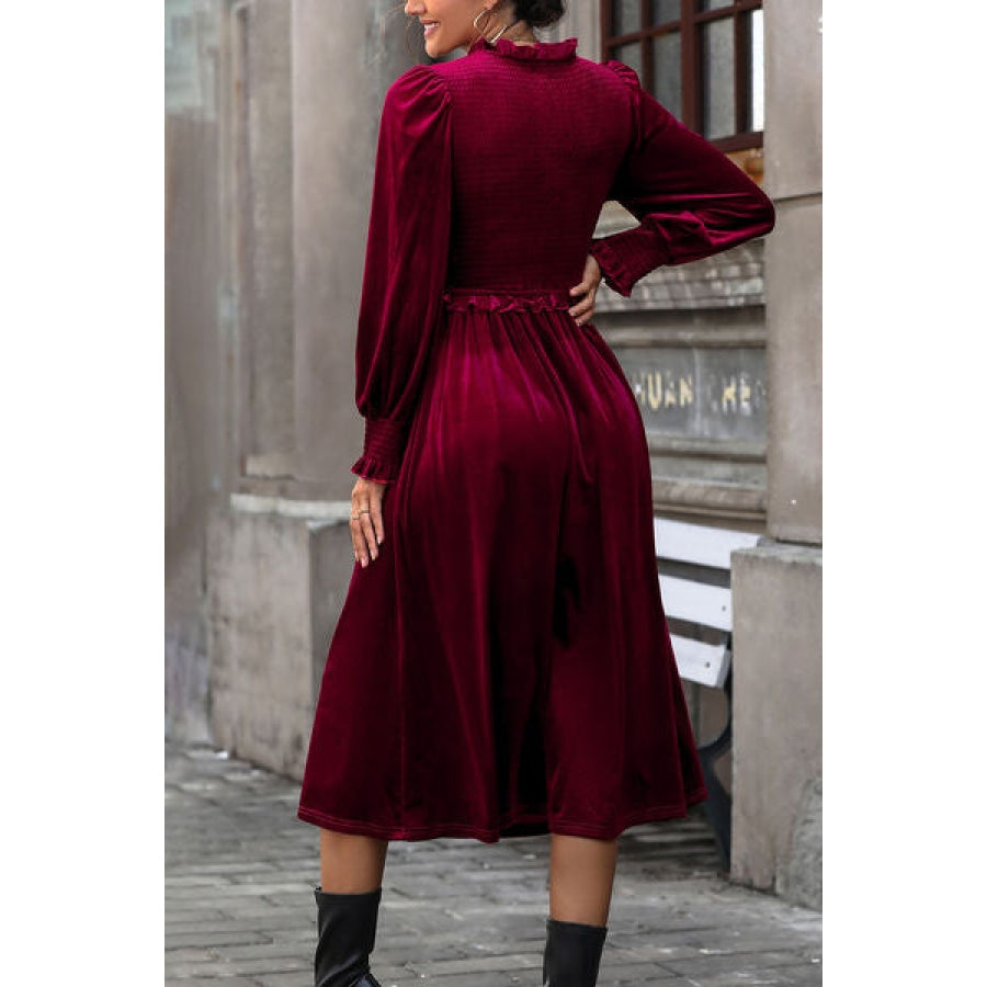 Smocked Lantern Sleeve Midi Dress Apparel and Accessories