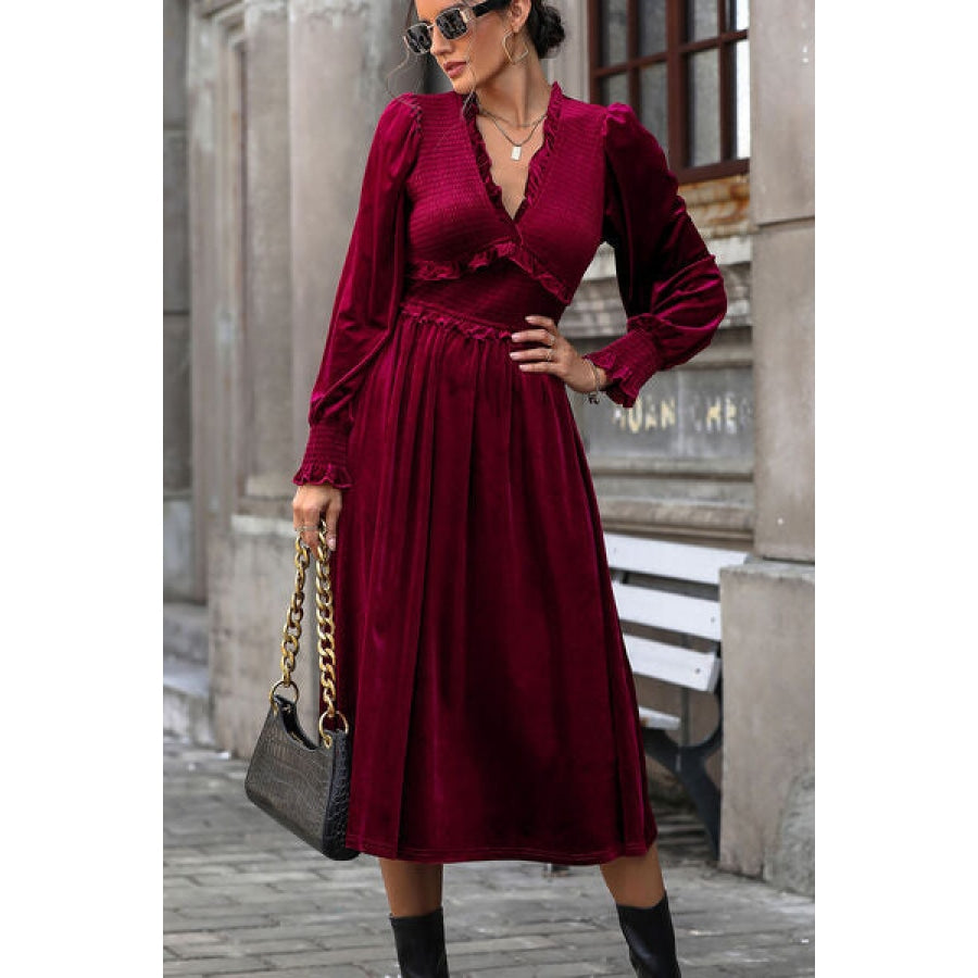 Smocked Lantern Sleeve Midi Dress Deep Rose / S Apparel and Accessories