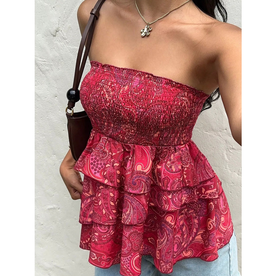 Smocked Layered Paisley Print Tube Top Apparel and Accessories