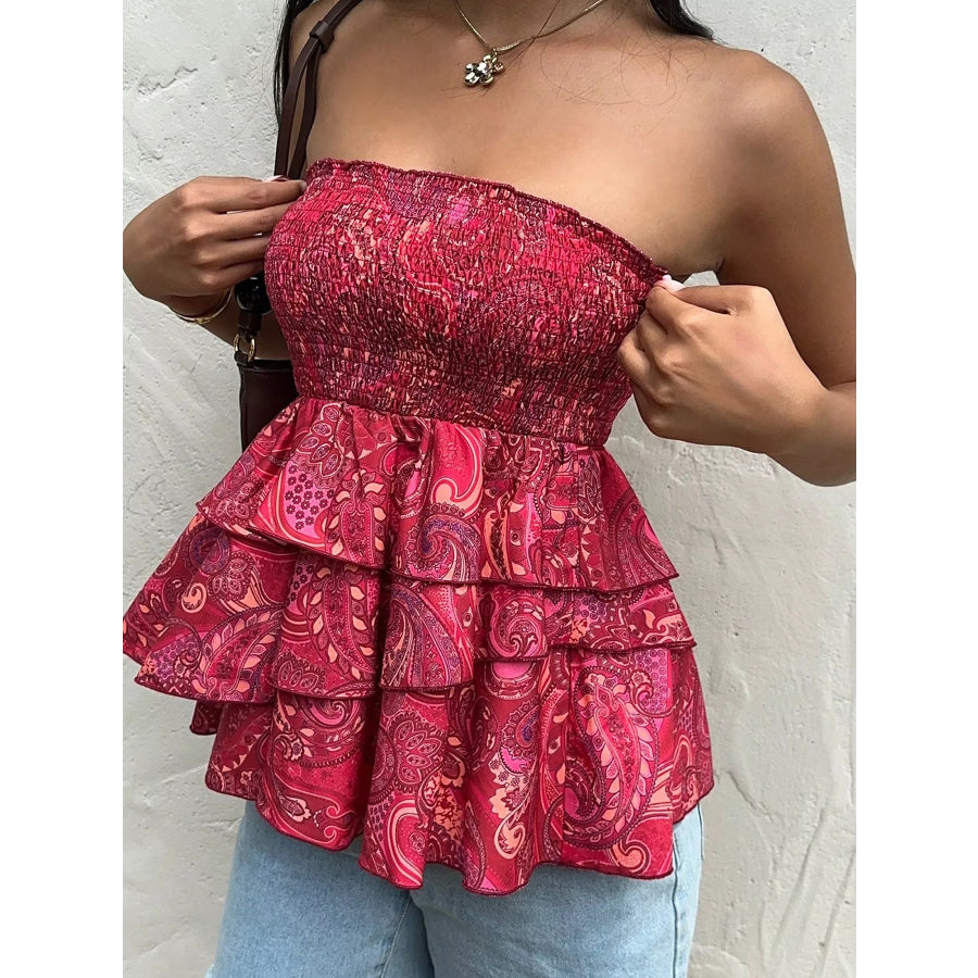 Smocked Layered Paisley Print Tube Top Apparel and Accessories