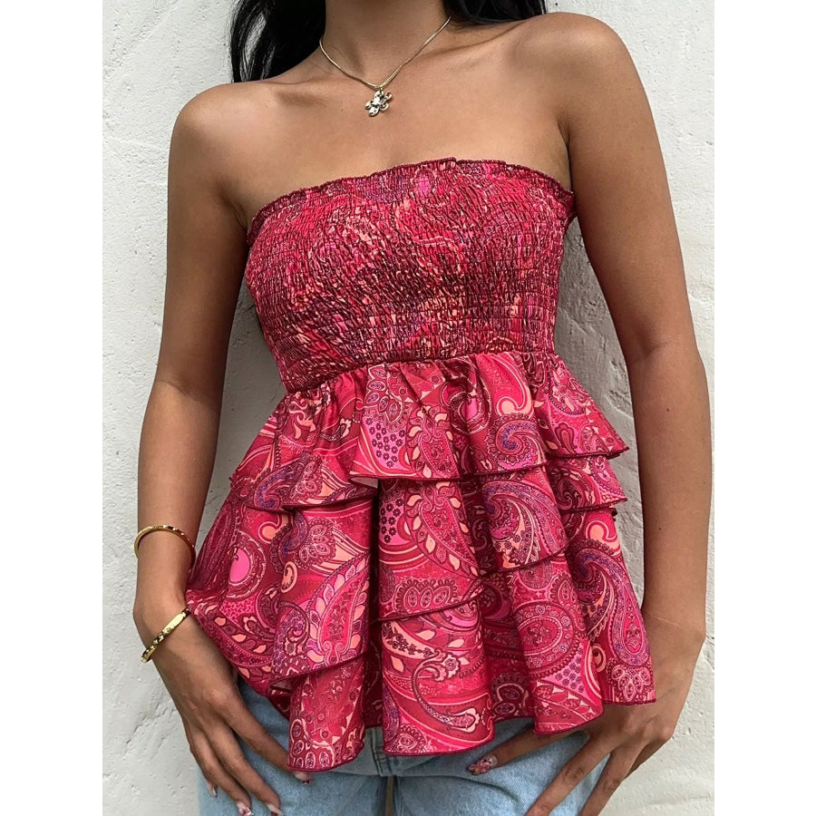 Smocked Layered Paisley Print Tube Top Apparel and Accessories