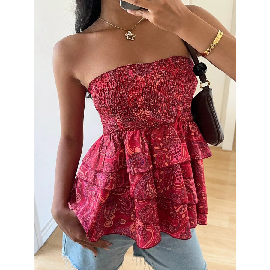 Smocked Layered Paisley Print Tube Top Rust / XS Apparel and Accessories