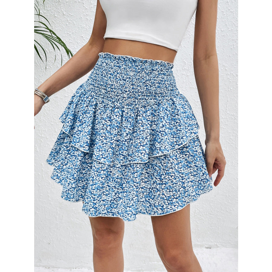 Smocked Layered Printed Mini Skirt Sky Blue / S Apparel and Accessories