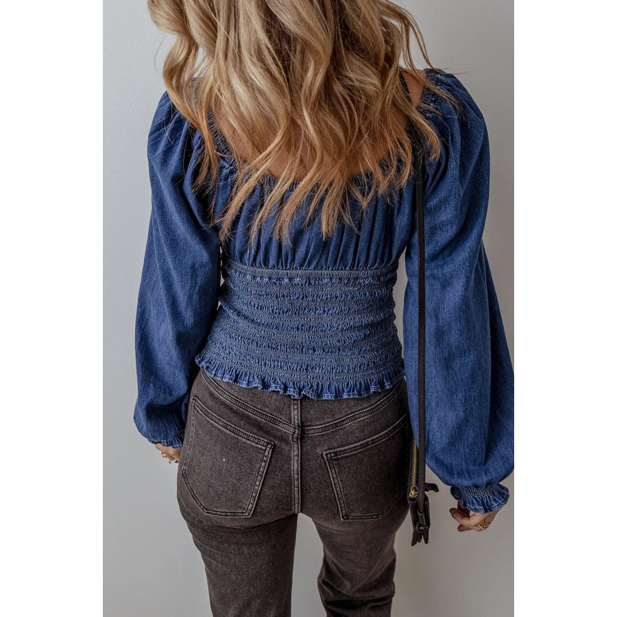 Smocked Long Sleeve Denim Top Apparel and Accessories