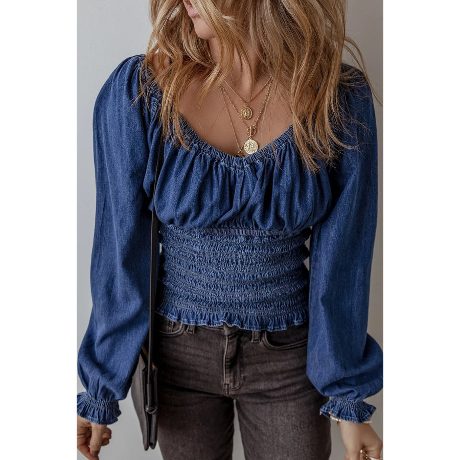 Smocked Long Sleeve Denim Top Apparel and Accessories