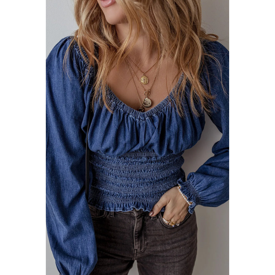 Smocked Long Sleeve Denim Top Apparel and Accessories