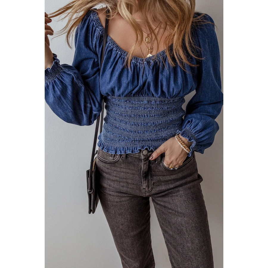 Smocked Long Sleeve Denim Top Apparel and Accessories