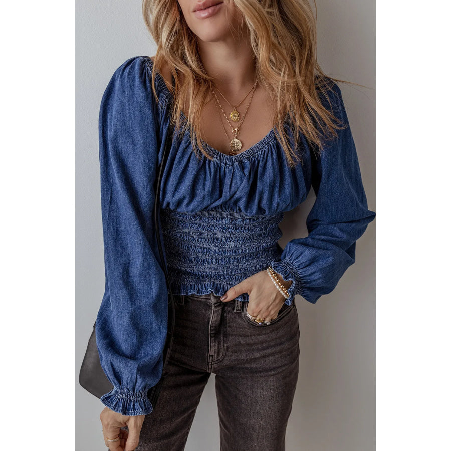 Smocked Long Sleeve Denim Top Medium / S Apparel and Accessories